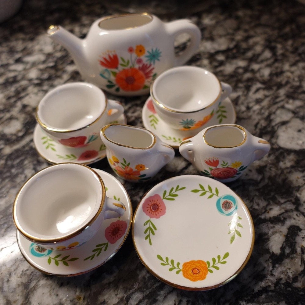 Ceramic‎ Bright Stripes miniature tea set floral pretend playset